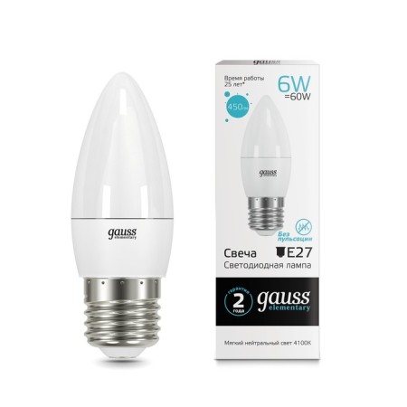 LED LED ELEMENTARY 6W candle 4100K neuter. Bel. E27 450lm Gauss 33226