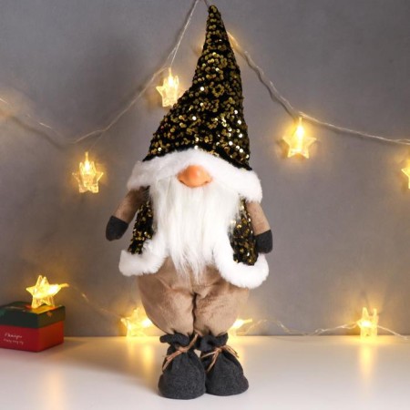 Interior doll "Santa Claus in a gold cap and a vest with sequins" 55x16x22 cm