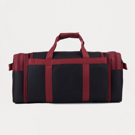 Road bag on a zipper, with an increase, 3 outer pockets, a long belt, black/burgundy color-1