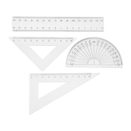 Drawing set 4 objects (ruler 15 cm, triangle11 cm/ 30*and 5 cm/ 45*, transporter) transparent