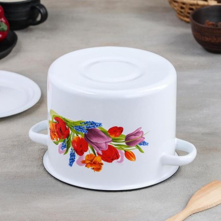 Cylindrical pan “Tulip May”, 3.5 l, enameled cover, with a button, induction, white color-2
