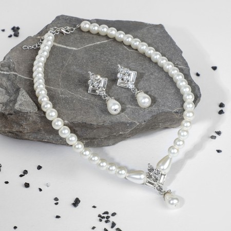 Set 2 objects: earrings, Antoinette necklace, white color in silver, 40 cm