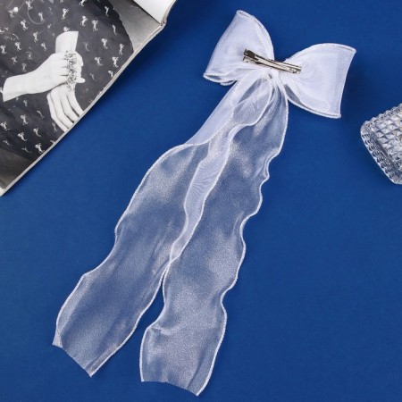 Hair clip "Schoolgirl" Bow 12x30 cm, white with pearls-2