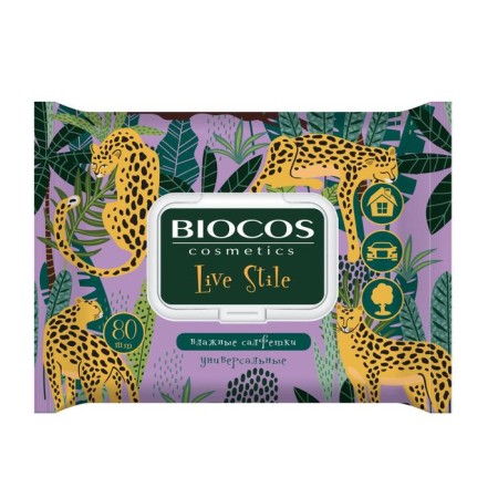 Wet Biocos napkins are universal, with a valve, an animal print, 80 pcs