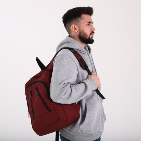 A backpack with a zipper, "saxi", an outer pocket, burgundy color-8