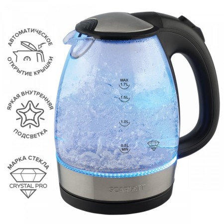 Electric kettle Scarlett SC-EK27G91, glass, 1.7 l, 2200 watts, black-silver