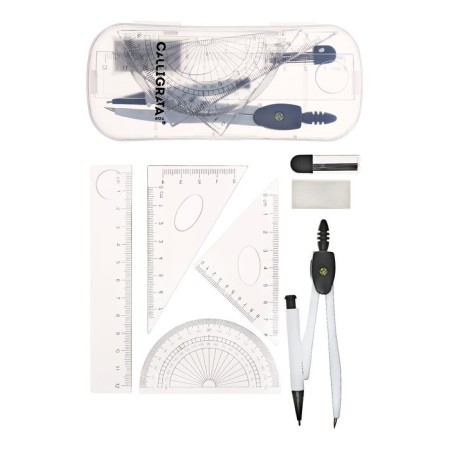 Metal circus 120 mm in a plastic pencil case, with a mechanical pencil, slate, eraser, ruler, 2 triangles and transport