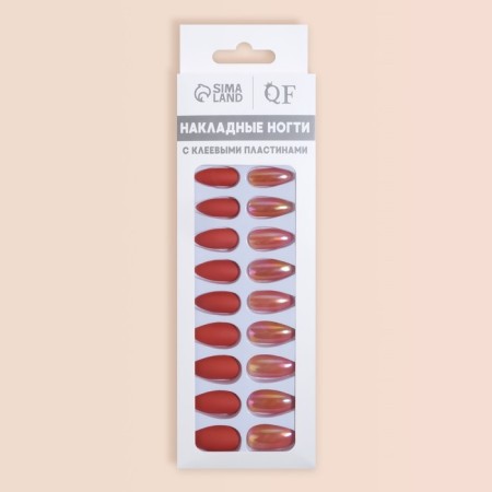 False nails, 24 pcs, with glue plates, the shape of almonds, matte/holography, coral color-7
