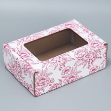 Box a gift team with a window, packaging, “peonies”, white, 24x8x16 cm