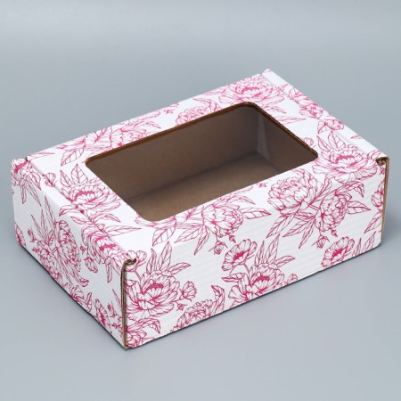 Box a gift team with a window, packaging, “peonies”, white, 24x8x16 cm