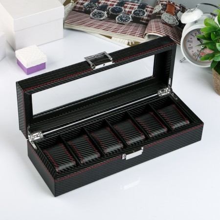 The casket to the leatherette to the clock 6 "Carbon with a red line" 8x33x12 cm-1