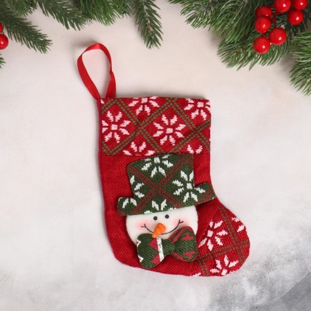 Soft suspension "sock - a snowman in a green hat" 13x17 cm, burgundy