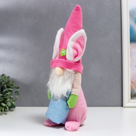 Interior doll "Dwarf in a hat with bunny ears, with a bag" Pink 40x14 cm-2