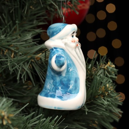 Fir -tree porcelain toy "Santa Claus", blue fur coat, 8.5 cm-3