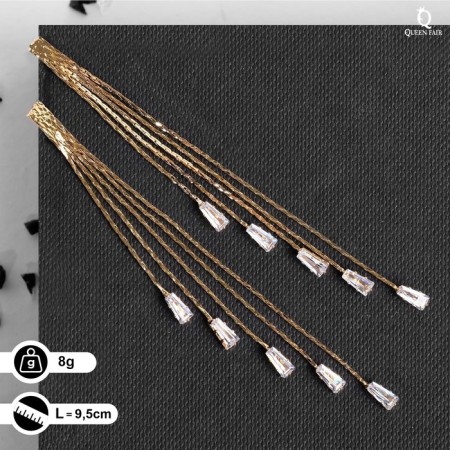 Hanging earrings with the rhinestones "celebrity" 5 threads, white color in gold, 9.5 cm
