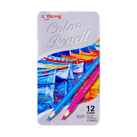 Pencils 12 colors, in metal pencil case, triangular, wooden, landscape, mix-6