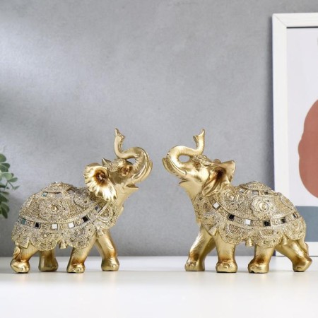 Souvenir Polystone "Golden Elephant with a Popone of Beads with bells" MIX 15x14.5x7.7 cm