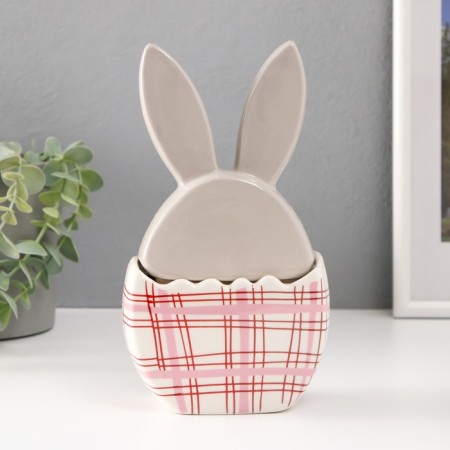 Coramics box "Bunny in an egg in a cell, with a flower" gray-red 11.8x7.2x20.8 cm-2