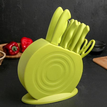 A set of kitchen knives on a stand, 8 knives, knife, scissors, green color