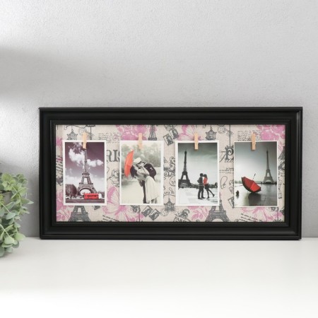 Photo frame plastic, textiles on 4 photos "Travel to Paris" with clothespins, black 60x30 cm