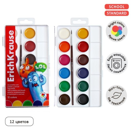Watercolor 12 Erichkrause "Jolly Friends", with a palette and brush in a box