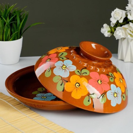 Set for pancakes 7 items: 1 pc. Pancake, 6 pcs. plates, with painting, multi -flowers-4