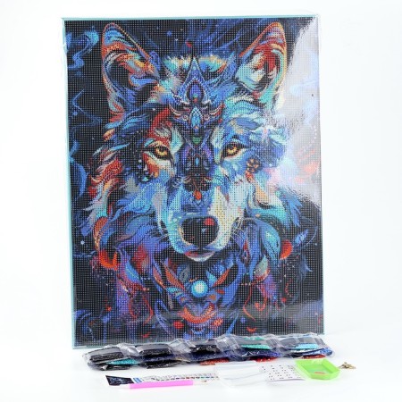 Diamond mosaic with full filling on canvas with a subframe of the Lunar Wolf, 40 x 50 cm-1