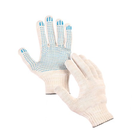 Workers, m/b gloves, knitting 10 class, 6 threads, size 9, with PVC dots, white, “Leon Group”