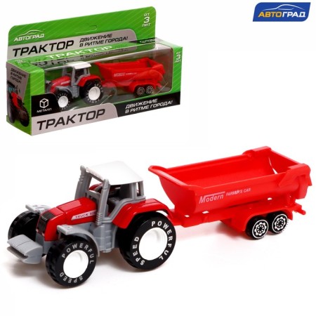 Metal “farmer” tractor, with a trailer, red color
