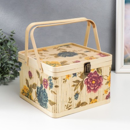Bamboo box "Garden with peonies" square, with handles 16x24x24 cm