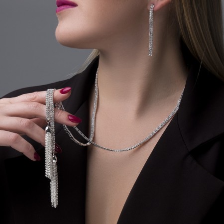 Set 2 objects: earrings, pendant "Elegance" brushes, white color in silver, 50 cm