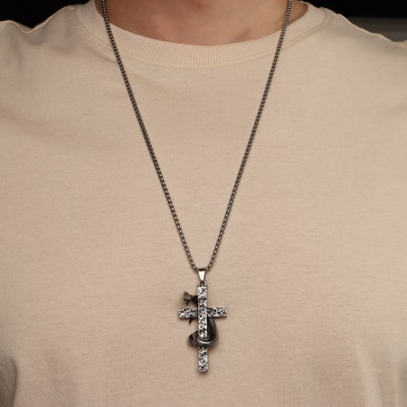 Pendant "Cross" with a snake, color black silver, l = 70 cm-1