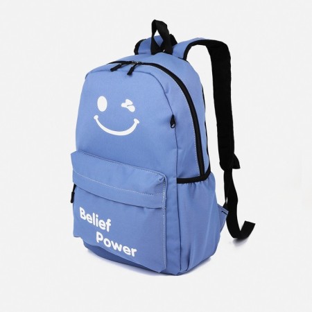 A backpack with a zipper, 3 outer pockets, blue color-3