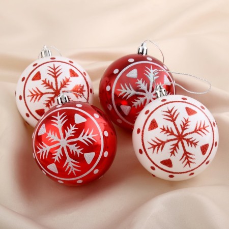 Set of balls plastic D-8 cm, 4 pcs "Snowflake" red-white