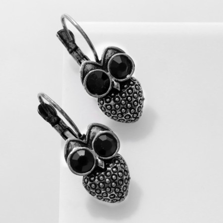 Earrings "Owls" on rings, black color in black silver-1