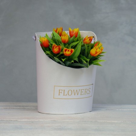 Carriage for flowers, vase oval with embossing Flowers, white 12.5 x 13.5 x 18 cm