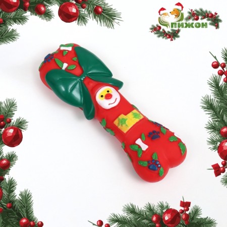 Brying toy for dogs "New Year's bone with a bow", vinyl, 18 x 5.6 x 4 cm, red