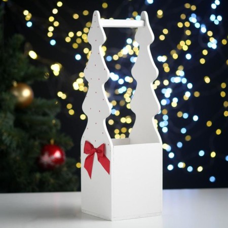 Gift box "Christmas tree" (12*12*42) tree, MDF 6 mm, painted, decorated, white-red-2