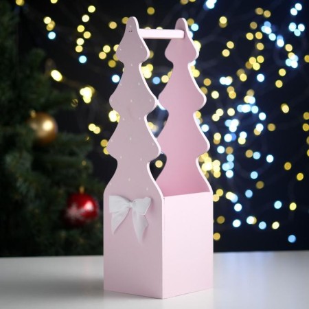 Gift box "Christmas tree" (12*12*42) tree, MDF 6 mm, painted, decorated, pink pastel-white-2