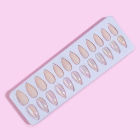 Falbled nails, 24 pcs, with adhesive plates, form of almonds, matte/holography, beige color-5