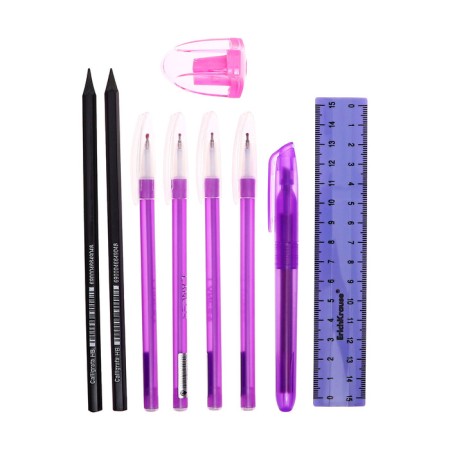 Cleaning set 10 items (pencil case is 65 x 210 mm, pens 4 pieces Blue, ruler 15 cm, sharpener, pencil 2 pieces, texture), purple-6