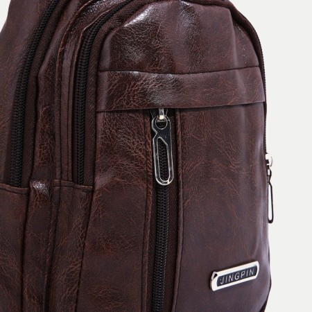 Male sling bag, artificial leather, headphone opening, brown color-4
