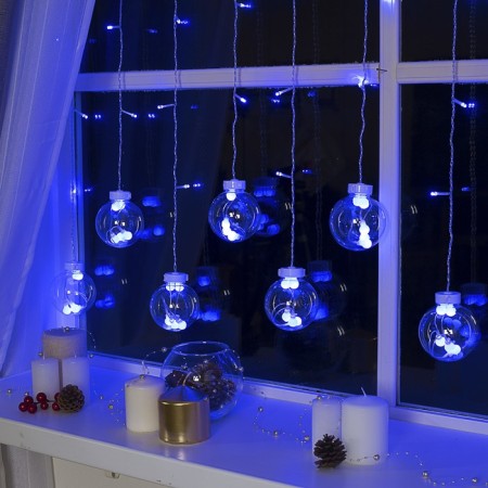 Garland "fringe" 2.4 × 0.7 m with nozzles "balls", ip20, transparent thread, 108 LED, glow blue, 8 modes, 220 V