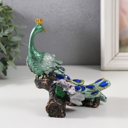 Polystone souvenir "Green peacock on a snag with a flower" 13.7x13.2x7.5 cm-1