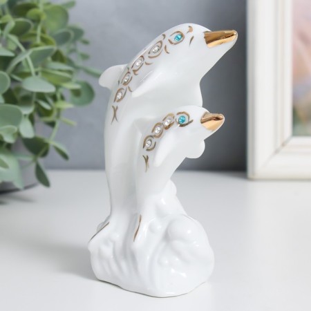 Souvenir Ceramics "Two White Dolphin on the Wave" Rhinestones 12 cm-3