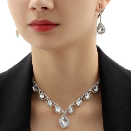 Set 2 objects: earrings, necklace necklace drops, one thread, white color in silver, 35 cm-2