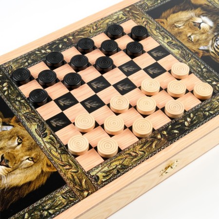 Backgammon "lion and tiger", wooden board 50 x 50 cm, with a field for playing checkers-7