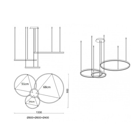 Suspension "Thor", size 133.5x95xd80+60+40x150 cm, 100W, LED, 3000K, Dimmic, with FDU-1
