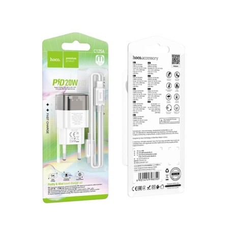 Network charger Hoco C125A, Type-C, 20 W, transparent, Type-C-Lightning, Black-2