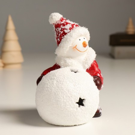 Souvenir Ceramics Light "Snowman in a red down jacket with a snowball" 10.8x8x13.7 cm-4
